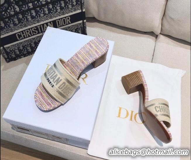 Good Quality Dior Dway Heeled Slide Sandals in Multicolor Stripes Embroidered Cotton 061132