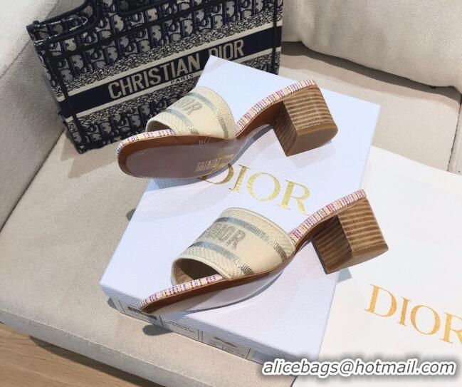 Good Quality Dior Dway Heeled Slide Sandals in Multicolor Stripes Embroidered Cotton 061132