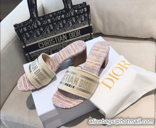 Good Quality Dior Dway Heeled Slide Sandals in Multicolor Stripes Embroidered Cotton 061132