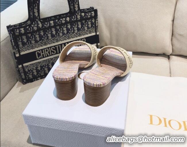 Good Quality Dior Dway Heeled Slide Sandals in Multicolor Stripes Embroidered Cotton 061132