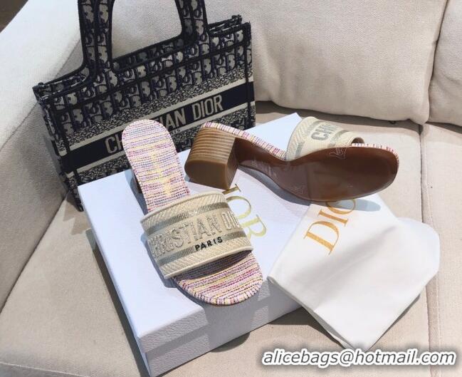 Good Quality Dior Dway Heeled Slide Sandals in Multicolor Stripes Embroidered Cotton 061132