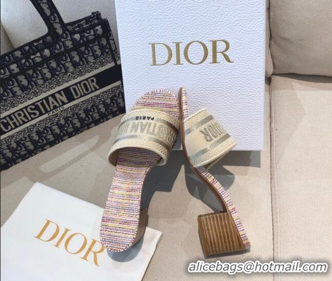 Good Quality Dior Dway Heeled Slide Sandals in Multicolor Stripes Embroidered Cotton 061132