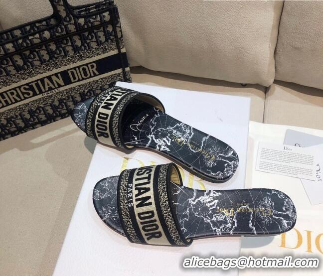 Trendy Design Dior Dway Flat Slide Sandals in Black Around the World Embroidered Cotton 061133