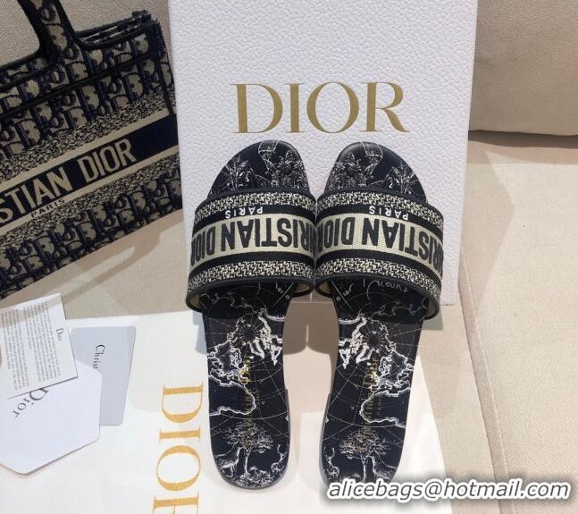 Trendy Design Dior Dway Flat Slide Sandals in Black Around the World Embroidered Cotton 061133