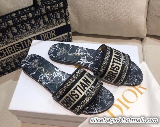 Trendy Design Dior Dway Flat Slide Sandals in Black Around the World Embroidered Cotton 061133