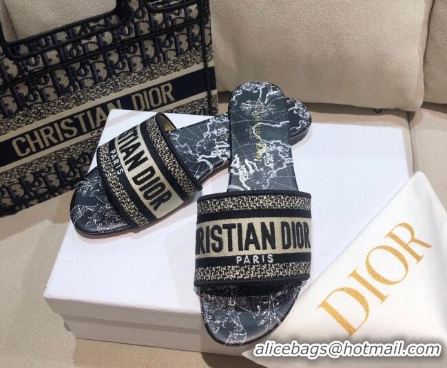 Trendy Design Dior Dway Flat Slide Sandals in Black Around the World Embroidered Cotton 061133