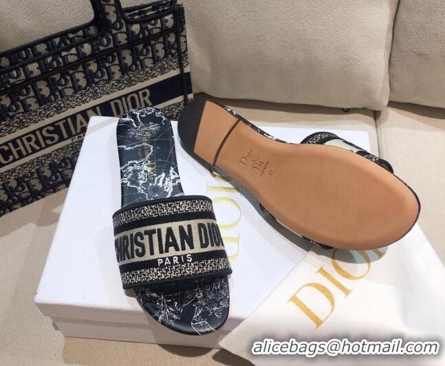 Trendy Design Dior Dway Flat Slide Sandals in Black Around the World Embroidered Cotton 061133