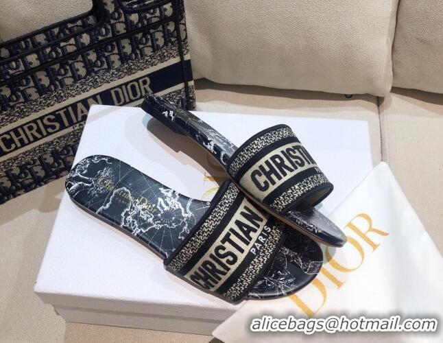 Trendy Design Dior Dway Flat Slide Sandals in Black Around the World Embroidered Cotton 061133