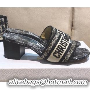 Top Quality Dior Dway Heeled Slide Sandals in Black Around the World Embroidered Cotton 061134