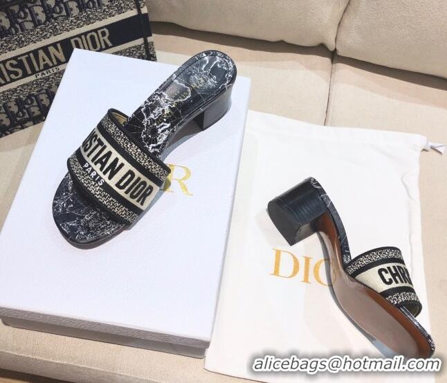 Top Quality Dior Dway Heeled Slide Sandals in Black Around the World Embroidered Cotton 061134