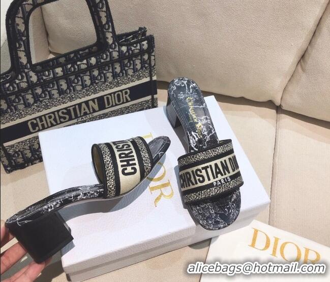 Top Quality Dior Dway Heeled Slide Sandals in Black Around the World Embroidered Cotton 061134