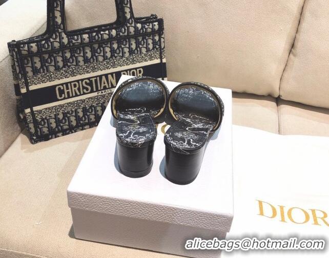 Top Quality Dior Dway Heeled Slide Sandals in Black Around the World Embroidered Cotton 061134