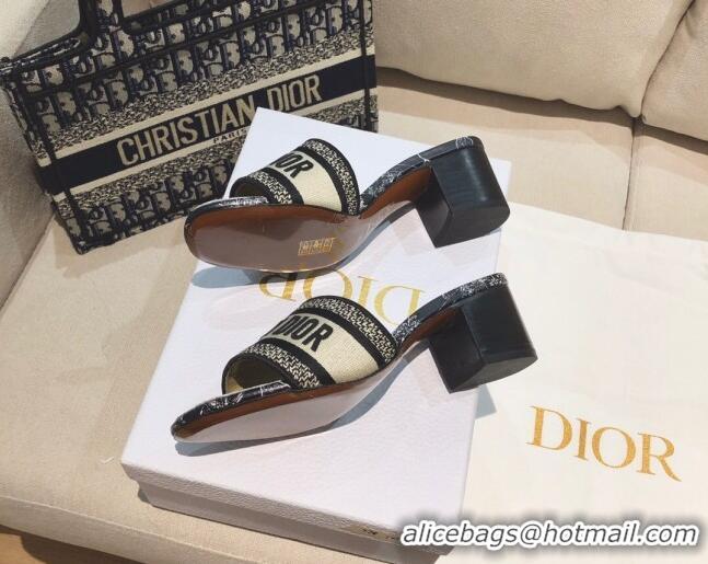 Top Quality Dior Dway Heeled Slide Sandals in Black Around the World Embroidered Cotton 061134