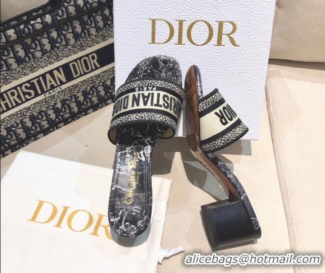 Top Quality Dior Dway Heeled Slide Sandals in Black Around the World Embroidered Cotton 061134