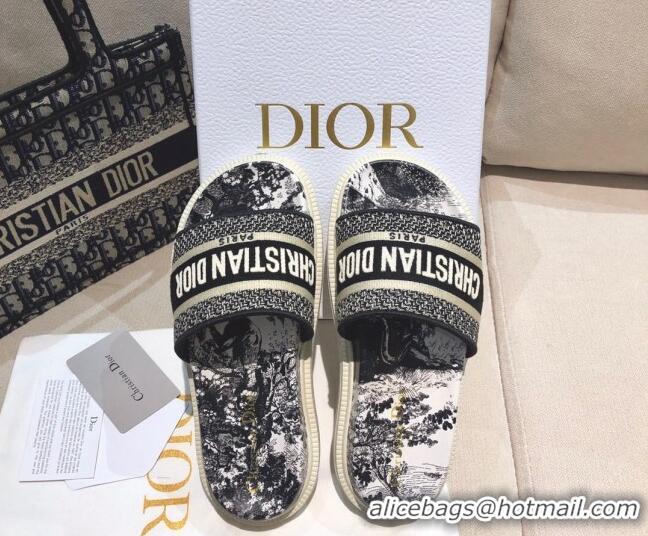 Best Luxury Dior Dway Slide Sandals in Black Toile de Jouy Reverse Embroidered Cotton 061145