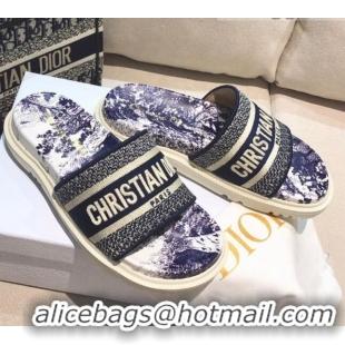 Good Product Dior Dway Slide Sandals in Blue Toile de Jouy Reverse Embroidered Cotton 061146