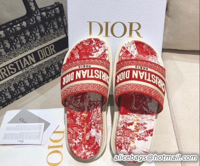 Perfect Dior Dway Slide Sandals in Red Toile de Jouy Reverse Embroidered Cotton 061147