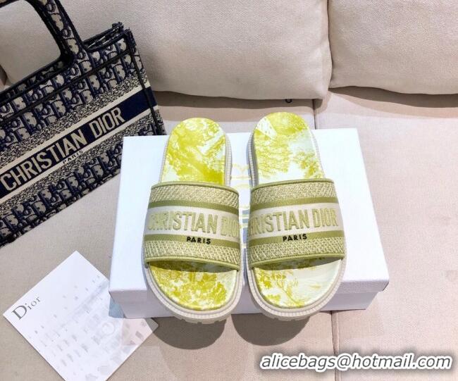 Top Grade Dior Dway Slide Sandals in Lime Yellow Toile de Jouy Reverse Embroidered Cotton 061149