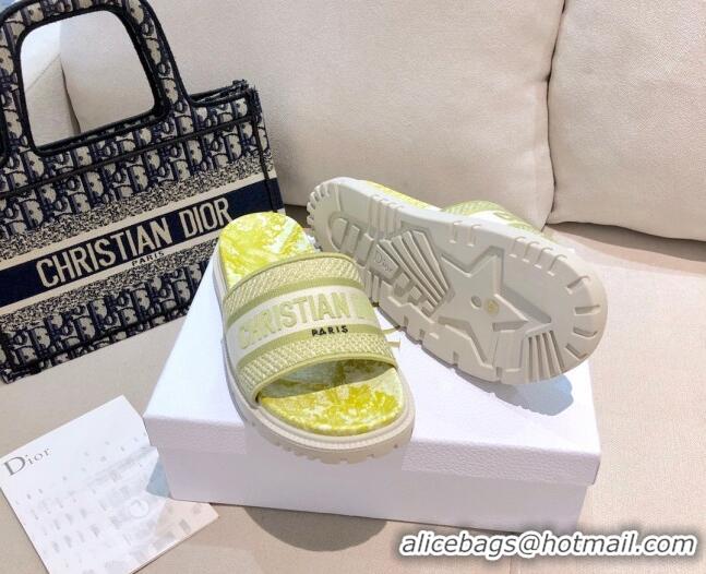 Top Grade Dior Dway Slide Sandals in Lime Yellow Toile de Jouy Reverse Embroidered Cotton 061149