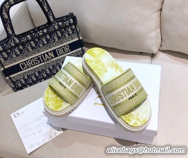 Top Grade Dior Dway Slide Sandals in Lime Yellow Toile de Jouy Reverse Embroidered Cotton 061149