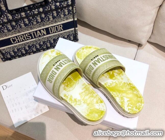 Top Grade Dior Dway Slide Sandals in Lime Yellow Toile de Jouy Reverse Embroidered Cotton 061149