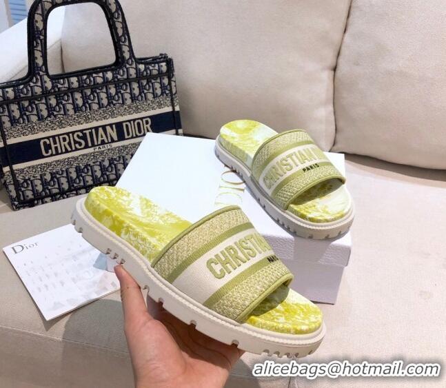 Top Grade Dior Dway Slide Sandals in Lime Yellow Toile de Jouy Reverse Embroidered Cotton 061149