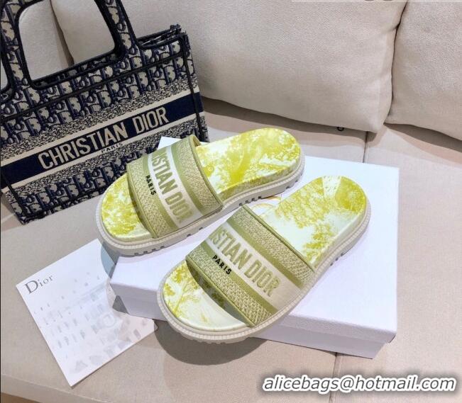 Top Grade Dior Dway Slide Sandals in Lime Yellow Toile de Jouy Reverse Embroidered Cotton 061149