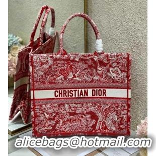 Top Quality DIOR BOOK TOTE Raspberry Toile de Jouy Reverse Embroidery M1286ZR RED