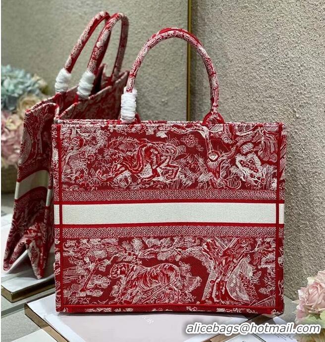 Top Quality DIOR BOOK TOTE Raspberry Toile de Jouy Reverse Embroidery M1286ZR RED