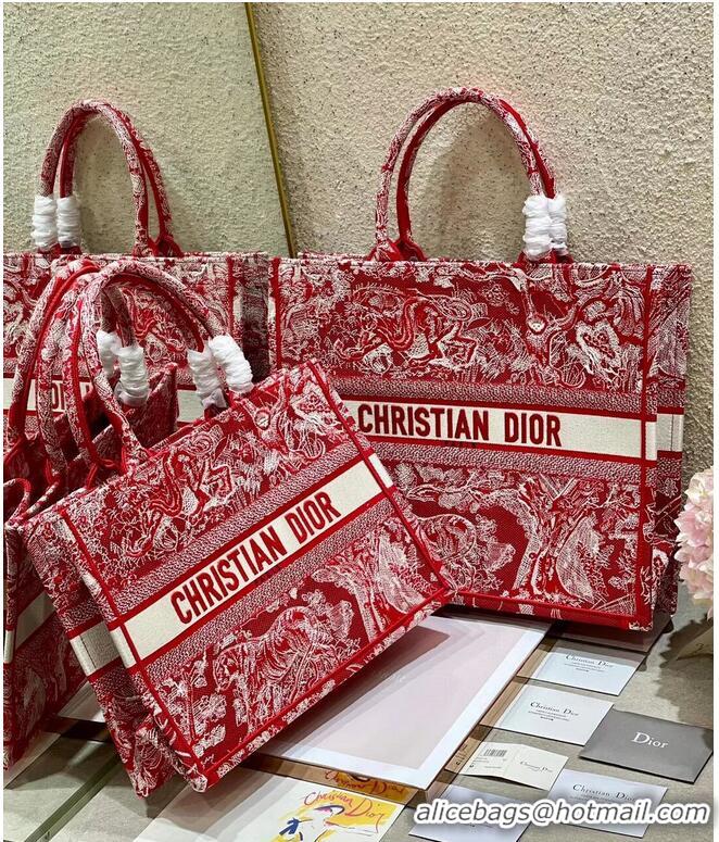 Top Quality DIOR BOOK TOTE Raspberry Toile de Jouy Reverse Embroidery M1286ZR RED