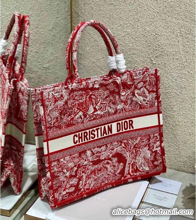 Top Quality DIOR BOOK TOTE Raspberry Toile de Jouy Reverse Embroidery M1286ZR RED