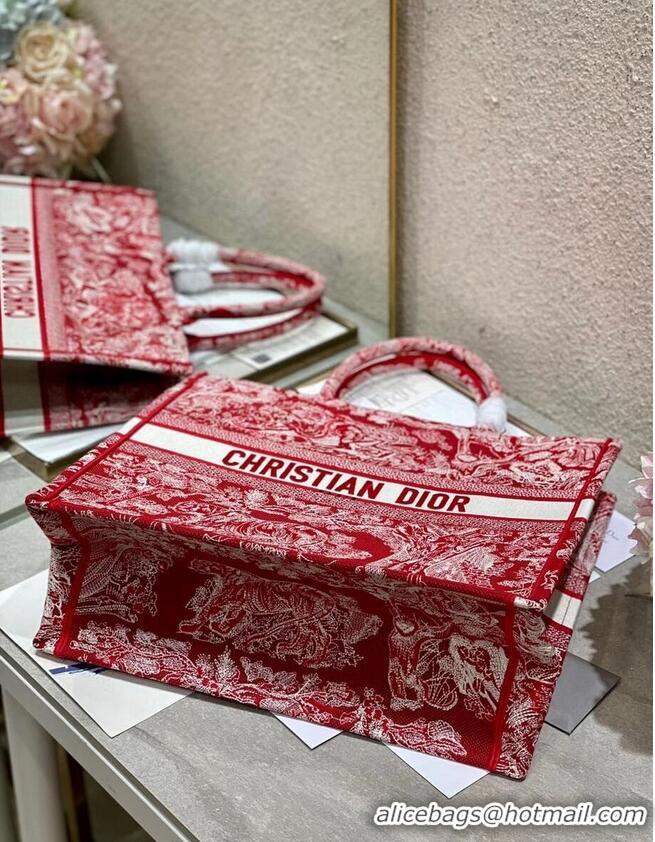 Top Quality DIOR BOOK TOTE Raspberry Toile de Jouy Reverse Embroidery M1286ZR RED