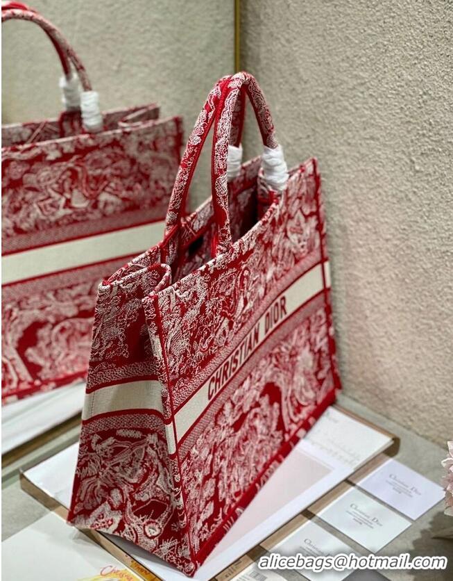 Top Quality DIOR BOOK TOTE Raspberry Toile de Jouy Reverse Embroidery M1286ZR RED