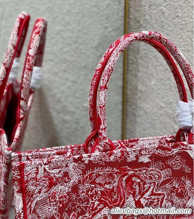 Top Quality DIOR BOOK TOTE Raspberry Toile de Jouy Reverse Embroidery M1286ZR RED