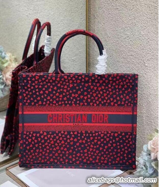 Famous Brand DIOR BOOK TOTE Navy Blue I Love Paris and Red Hearts Embroidery M1286ZR