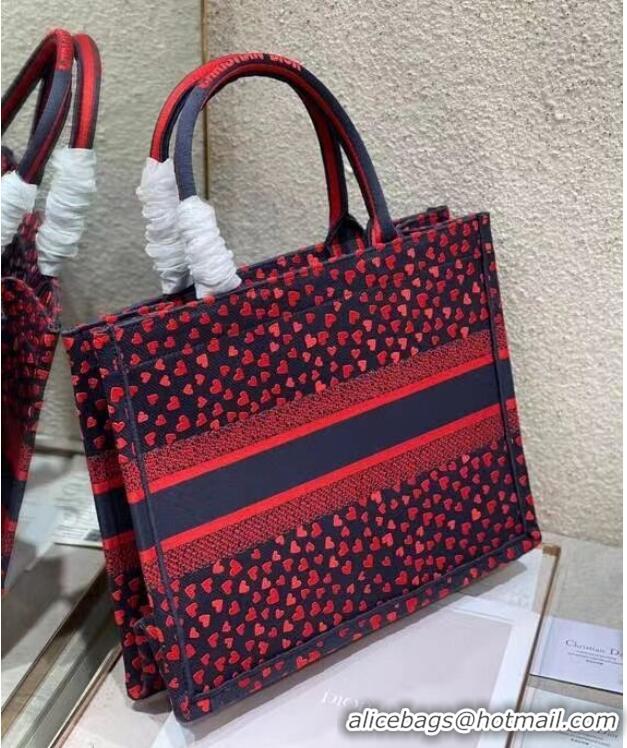 Good Quality SMALL DIOR BOOK TOTE Navy Blue I Love Paris and Red Hearts Embroidery M1296ZRG