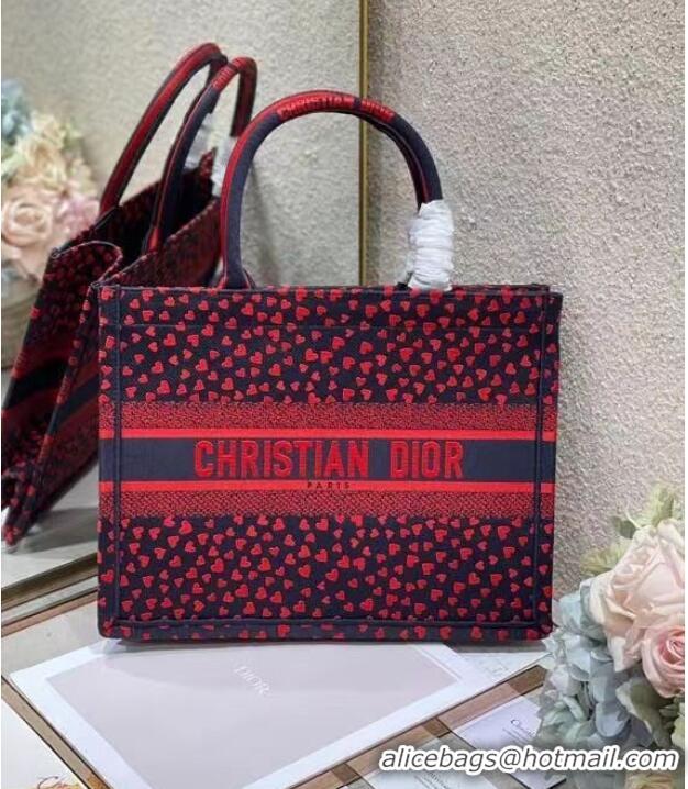 Good Quality SMALL DIOR BOOK TOTE Navy Blue I Love Paris and Red Hearts Embroidery M1296ZRG