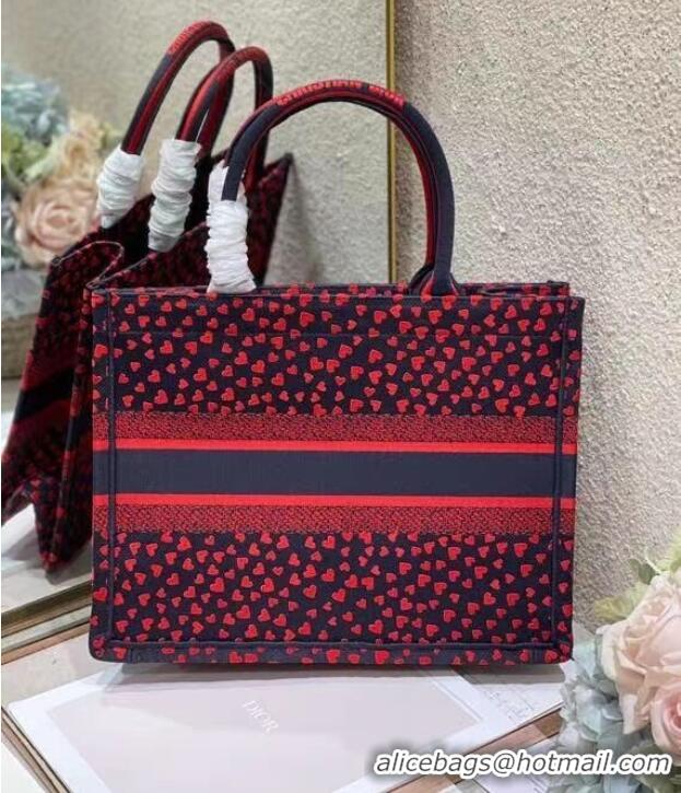 Good Quality SMALL DIOR BOOK TOTE Navy Blue I Love Paris and Red Hearts Embroidery M1296ZRG