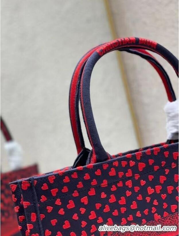 Good Quality SMALL DIOR BOOK TOTE Navy Blue I Love Paris and Red Hearts Embroidery M1296ZRG