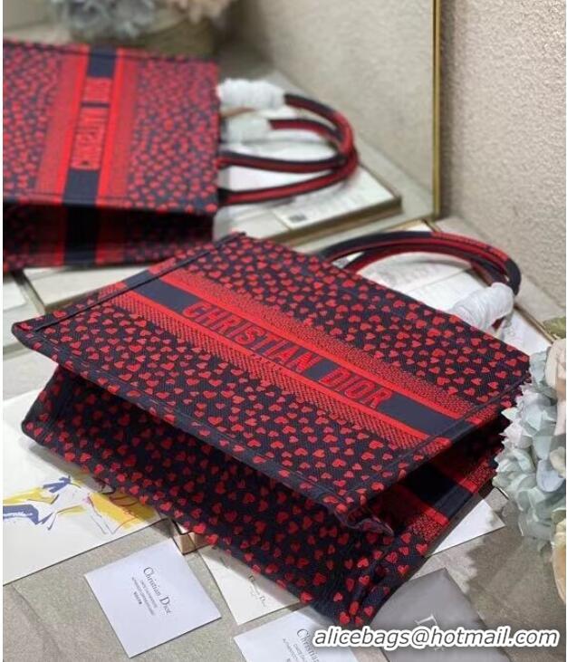 Good Quality SMALL DIOR BOOK TOTE Navy Blue I Love Paris and Red Hearts Embroidery M1296ZRG