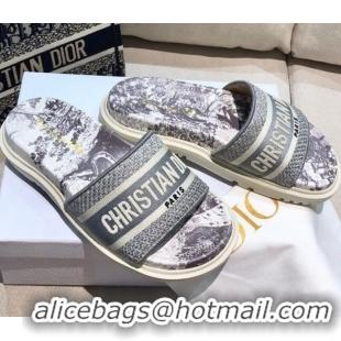 Low Price Dior Dway Slide Sandals in Grey Toile de Jouy Reverse Embroidered Cotton 061151