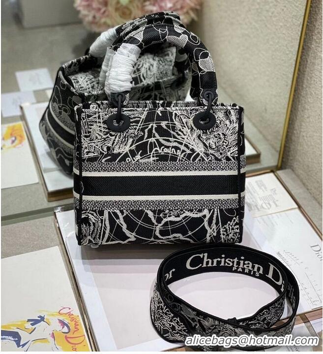 Grade Discount MEDIUM LADY D-LITE BAG Black and white globe Embroidery M0565O