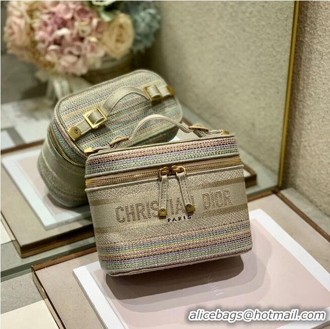 Top Grade SMALL DIORTRAVEL VANITY CASE Multicolor Striped Embroidery S5489C