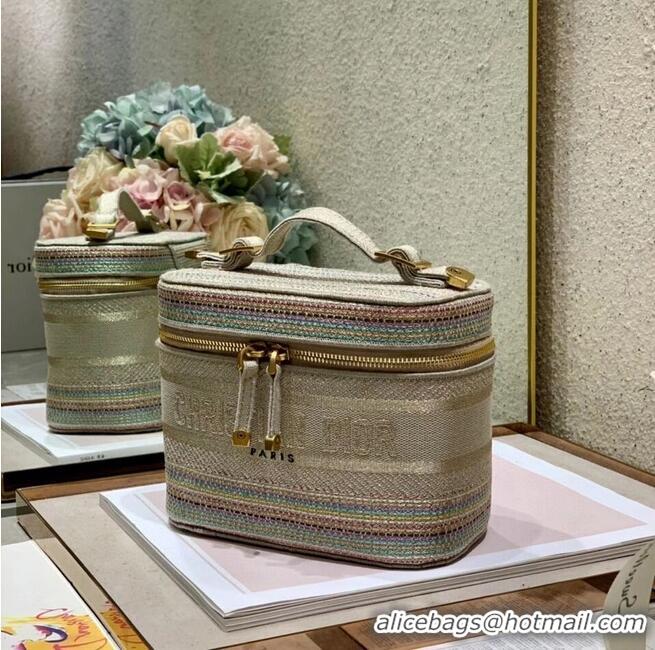 Top Grade SMALL DIORTRAVEL VANITY CASE Multicolor Striped Embroidery S5489C