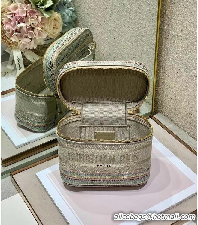 Top Grade SMALL DIORTRAVEL VANITY CASE Multicolor Striped Embroidery S5489C