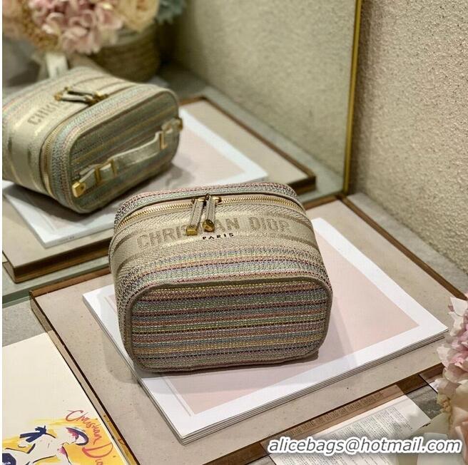 Top Grade SMALL DIORTRAVEL VANITY CASE Multicolor Striped Embroidery S5489C