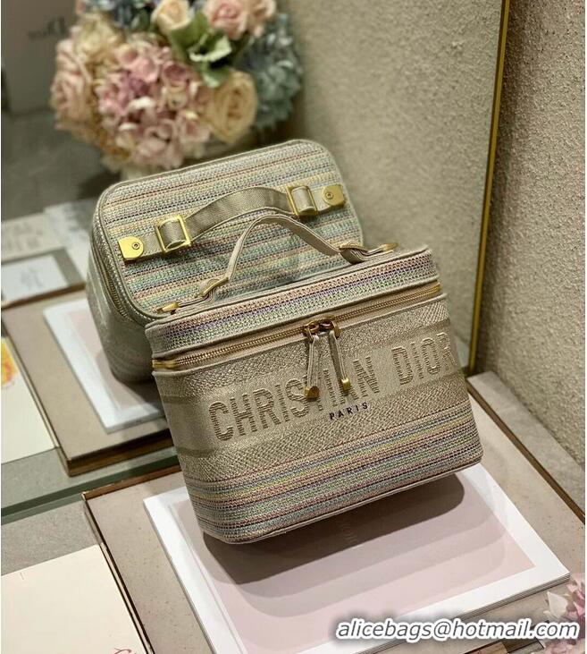 Super Quality DIORTRAVEL VANITY CASE Multicolor Striped Embroidery C9012