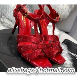 Unique Style Saint Laurent Crystal Fabric High- Heel Sandals 10cm 042972 Red