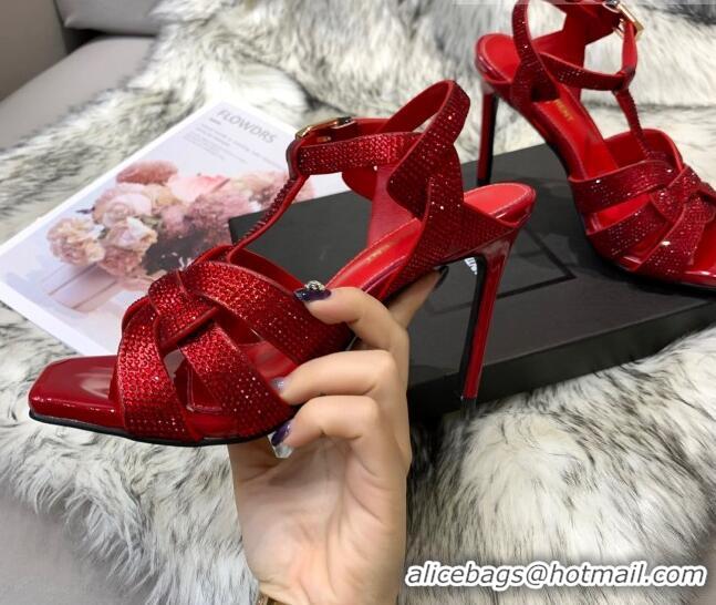 Unique Style Saint Laurent Crystal Fabric High- Heel Sandals 10cm 042972 Red