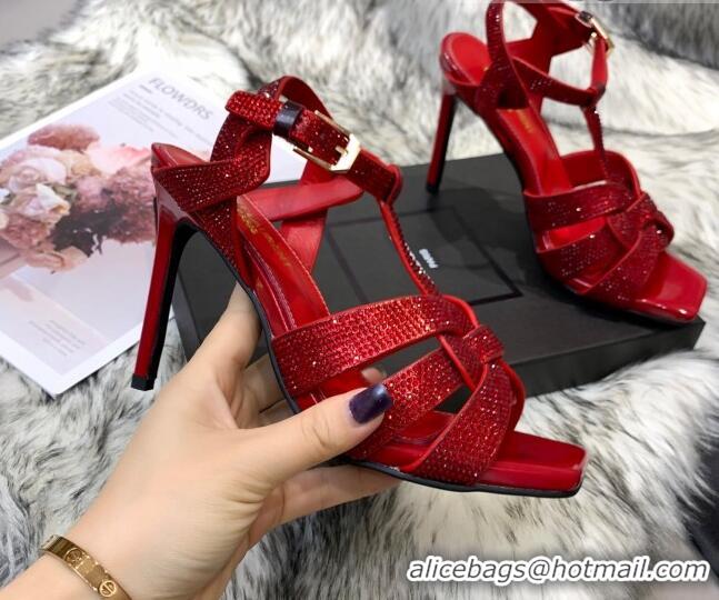 Unique Style Saint Laurent Crystal Fabric High- Heel Sandals 10cm 042972 Red